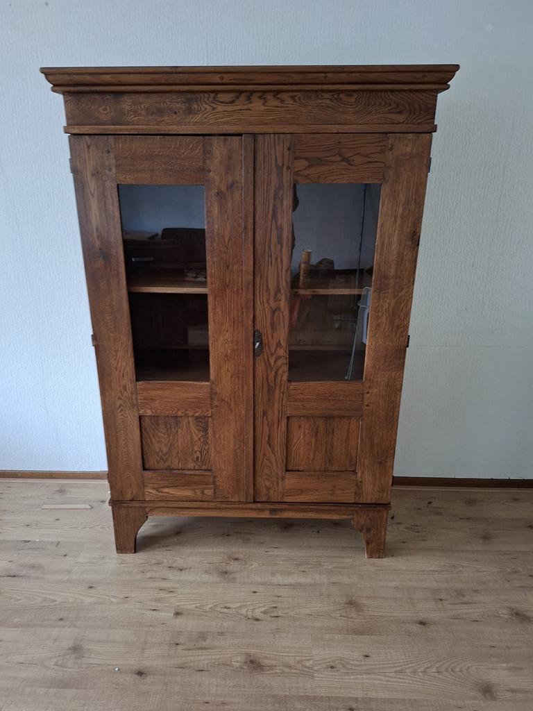 Massief Eiken Meidenkast / Linnenkast met Glazen Deuren, Ophalen