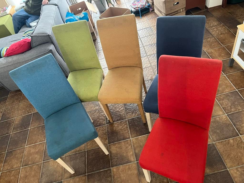 Set van 5 kleurrijke eetkamerstoelen, Huis en Inrichting, Stoelen, Ophalen, Gebruikt, Overige kleuren, Vijf, Zes of meer stoelen