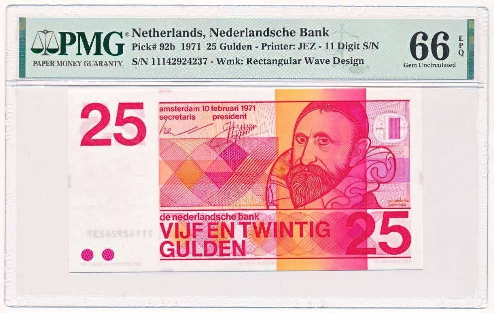 Nederland 25 Gulden 1971 Sweelinck 11 cijfers PMG66, Postzegels en Munten, Bankbiljetten | Nederland, Ophalen of Verzenden, 25 gulden