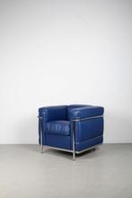 1x Cassina LC2 Le Corbusier Fauteuil Blauw Leer – Chroom, Niet ingevuld, Minder dan 75 cm, Niet ingevuld, Ophalen of Verzenden
