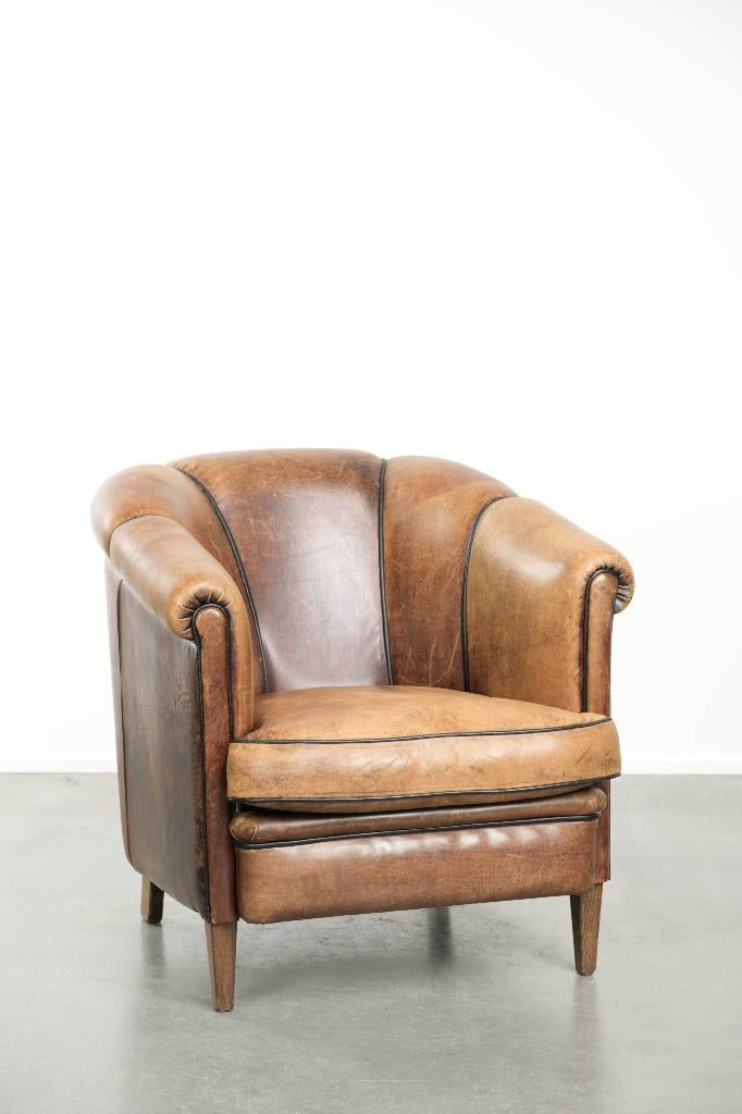 Leuke vintage schapenleren clubfauteuil in Engelse stijl, Huis en Inrichting, Fauteuils, Ophalen, Gebruikt, -, -