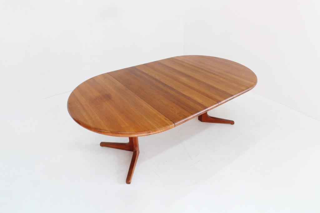 Vintage Deense ronde uitschuifbare eettafel tafel teak, Gebruikt, 100 tot 150 cm, Deens, 200 cm of meer