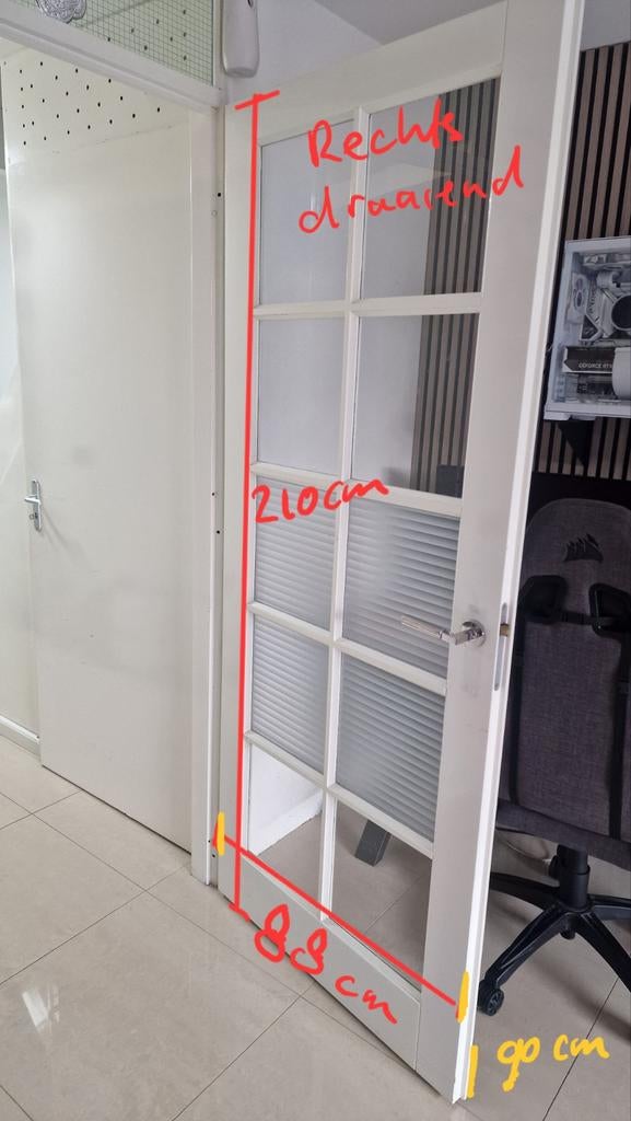 Nette rechtsdraaiende opdek binnendeur met glas, Ophalen, Glas, Binnendeur, 200 tot 215 cm