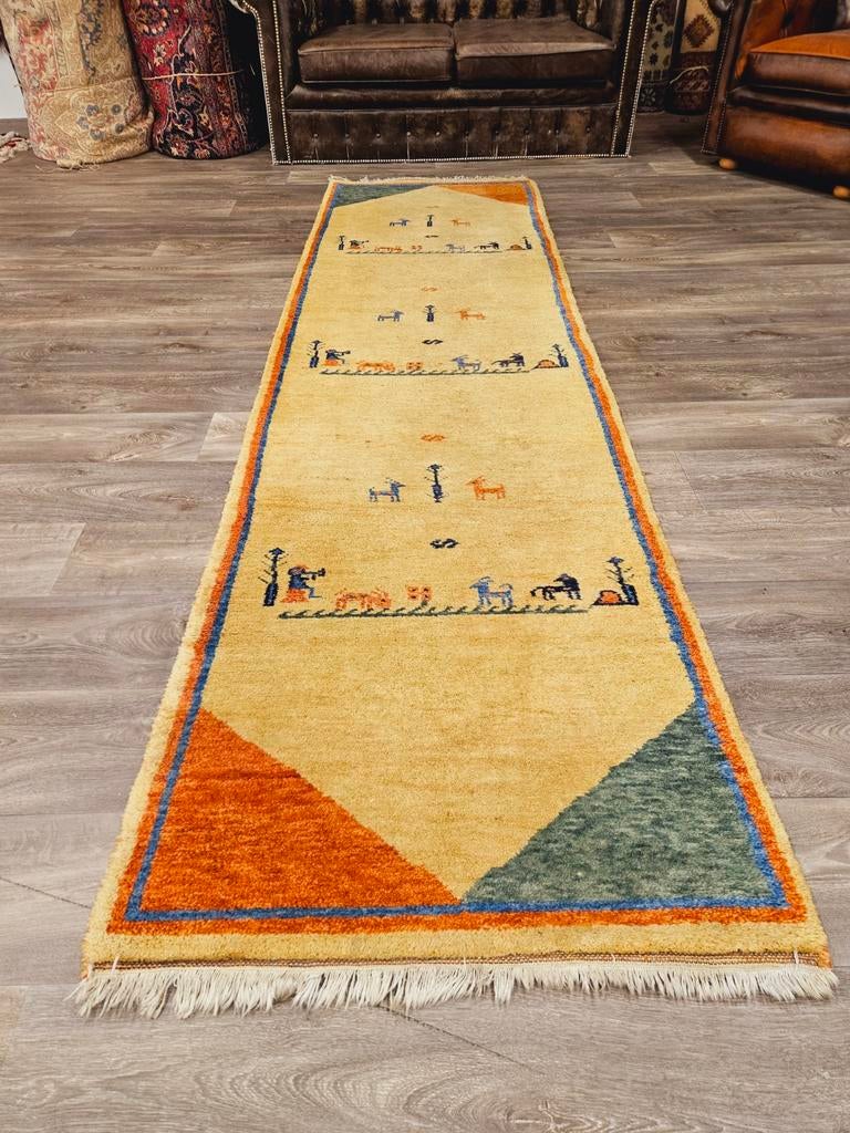 Perzisch Handgeknoopte Gabbeh Loper. Prachtige kleuren!, Crème, Perzisch, 200 cm of meer, Zo goed als nieuw