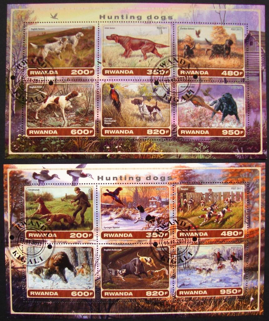 - 802 - 2 Grote blokken met veel Jacht Honden., Verzenden, Gestempeld, Dier of Natuur