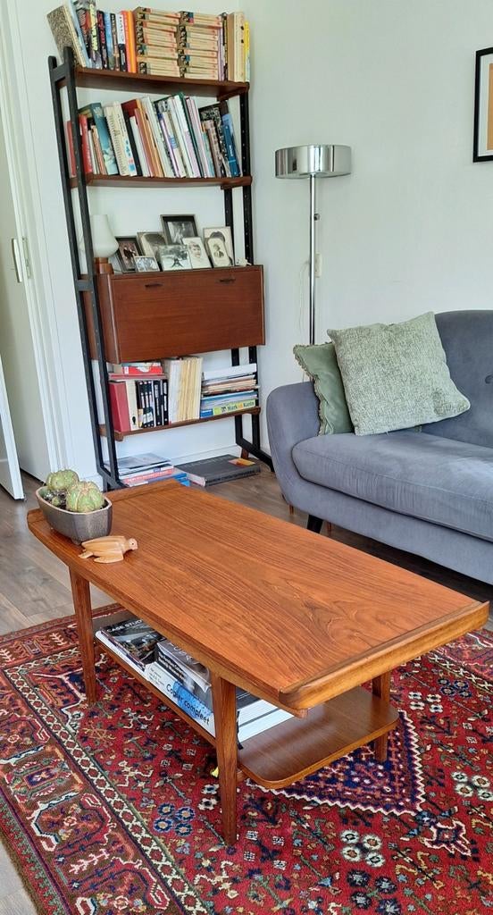 Salontafel salontafeltje teak fineer vintage Mid Century, Ophalen, Gebruikt, 100 tot 150 cm, 50 tot 100 cm