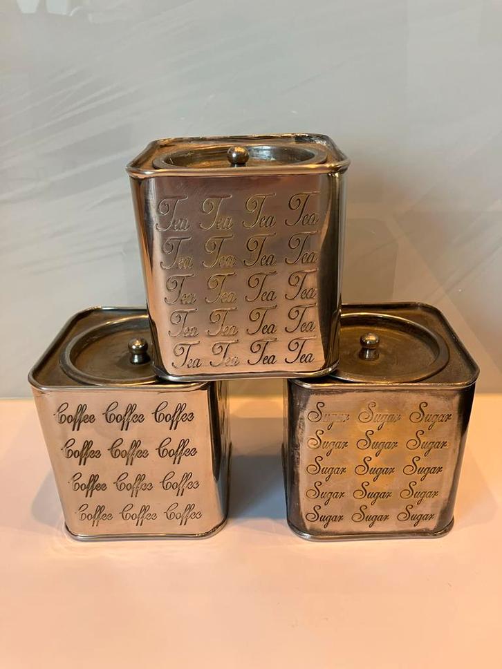 Set van 3 vintage voorraadblikken: koffie, thee, suiker, Antiek en Kunst, Antiek | Woonaccessoires, Ophalen of Verzenden