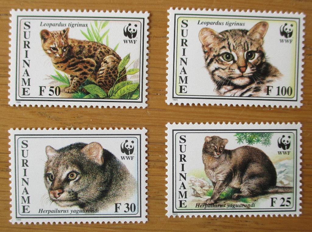 Suriname, WWF serie Tijgerkat en Jaguarundi, Verzenden, Postfris, Dier of Natuur