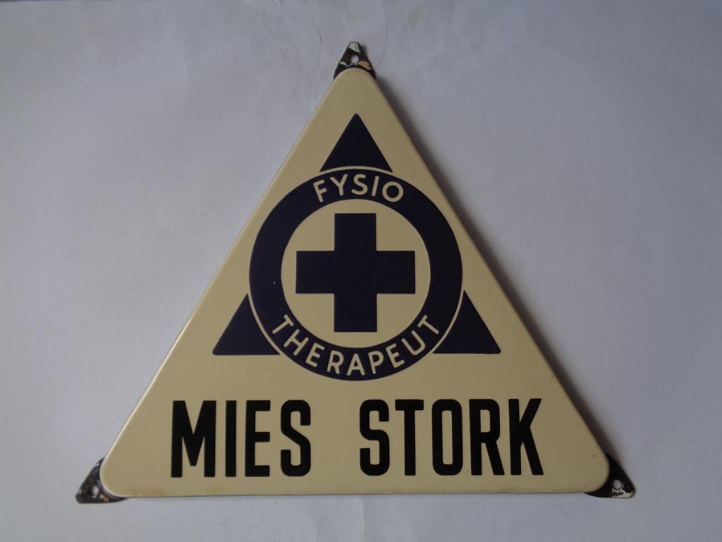 Oud Emaille Reclame Bord; Mies Stork, Fysio Therapeut, Ophalen of Verzenden, Gebruikt, Reclamebord