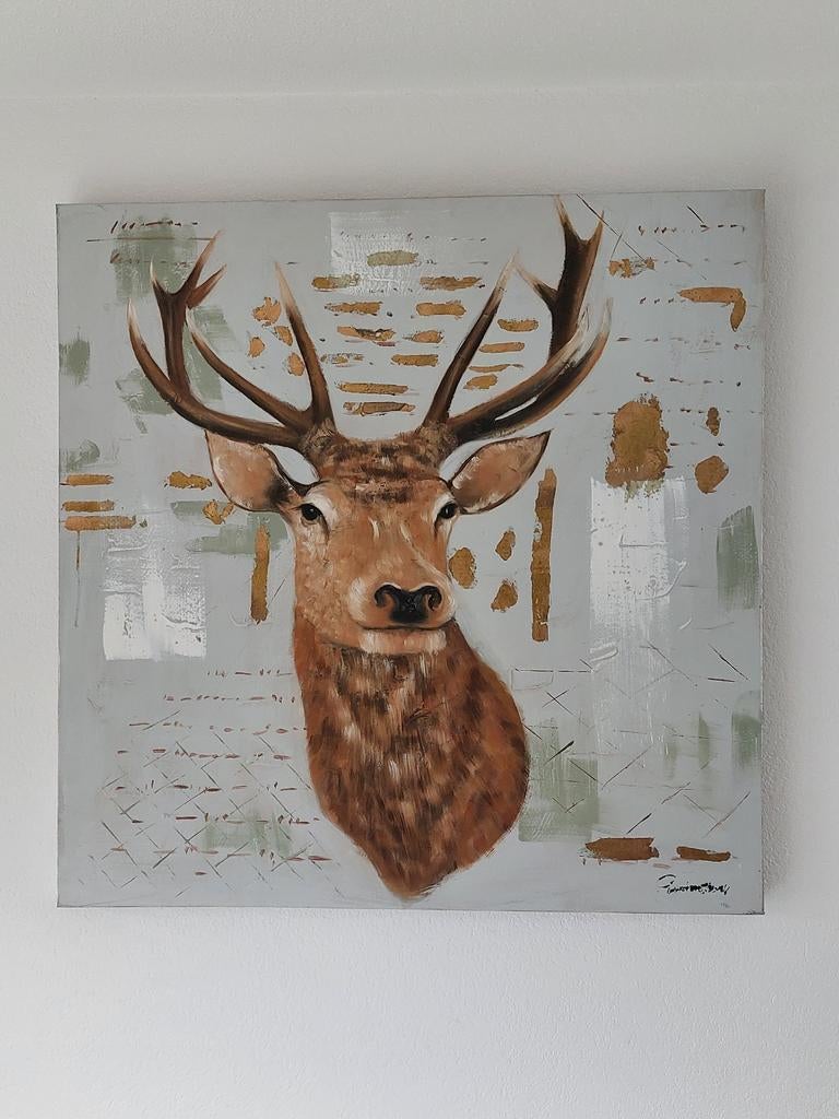 Schilderij hert brons, grijs., Ophalen, Zo goed als nieuw, Schilderij, 75 tot 100 cm