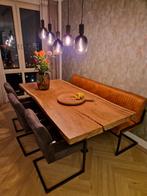 Eetkamertafel set. Suar boomstam met bank, stoelen en licht, Ophalen, Nieuw, Suar, Minder dan 4 stoelen