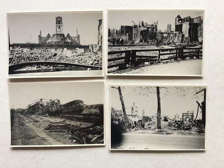 Rotterdam Bombardement 1940 - 4 Foto's, Verzamelen, Foto's en Prenten, Gebruikt, Foto, Gebouw, 1940 tot 1960, Ophalen of Verzenden