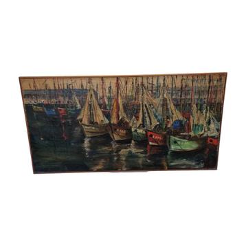 Vintage Frans schilderij met boten in haven beschikbaar voor biedingen