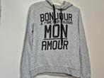 Grijze sweater met muts / capuchon + opdruk zwarte tekst M, Ophalen of Verzenden, Gedragen, Maat 38/40 (M), Grijs