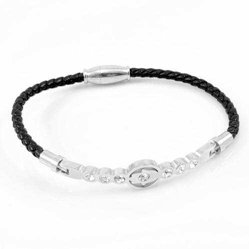 Zwart Leren Armband Strass Hand van Fatima Stalen Elementen, Sieraden, Tassen en Uiterlijk, Armbanden, Nieuw, Staal, Zwart, Met kristal