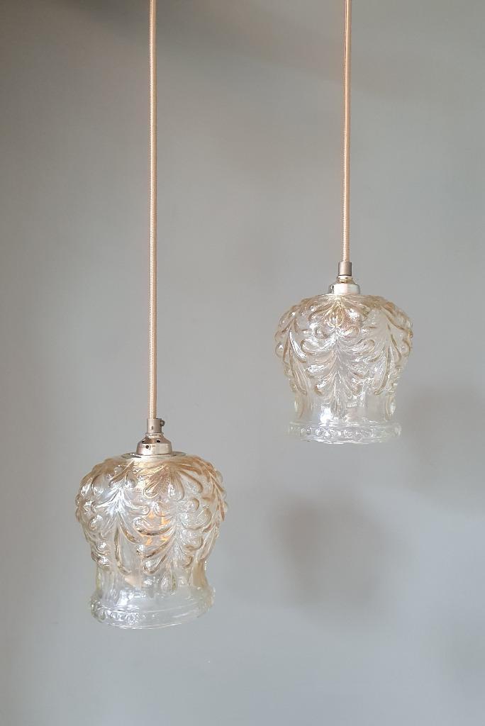 Set vintage Franse amberkleurige vergulde glazen hanglampen, Huis en Inrichting, Lampen | Hanglampen, Zo goed als nieuw, Minder dan 50 cm