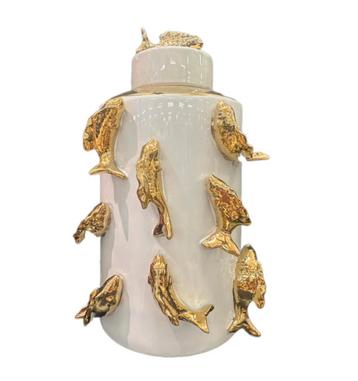 Wit met 3d gouden vissen jar Voorraadpot  beschikbaar voor biedingen