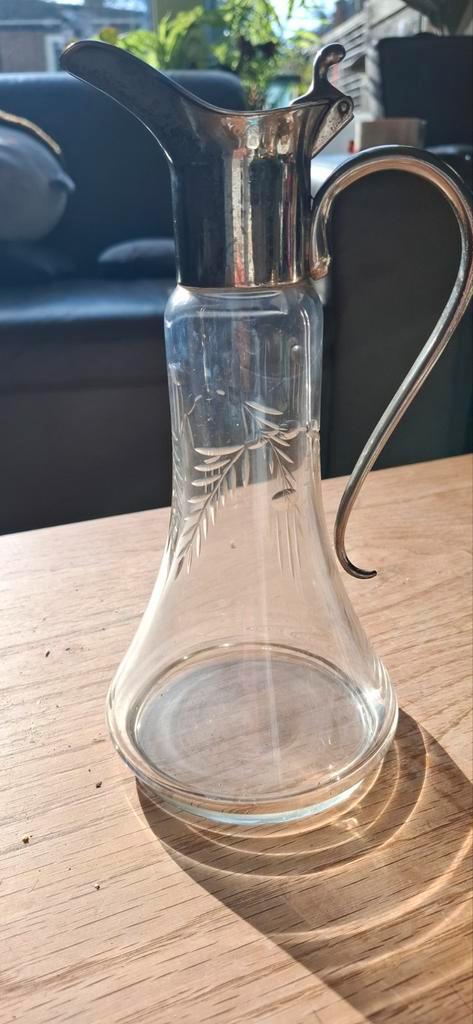 Vintage Glazen Waterkan met Zilveren Details, Antiek en Kunst, Antiek | Glas en Kristal, Ophalen