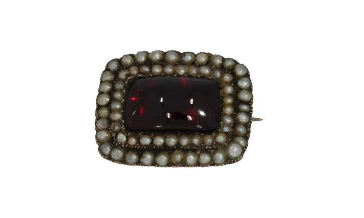 Memorie antieke gouden rouw broche wijnrode granaat parels, Sieraden, Tassen en Uiterlijk, Antieke sieraden, Broche, Goud, Met edelsteen
