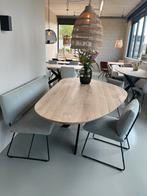 Organische eiken tafel 180 220 240cm met dunne stalen poot, Huis en Inrichting, Tafels | Eettafels, Ophalen of Verzenden, Zo goed als nieuw