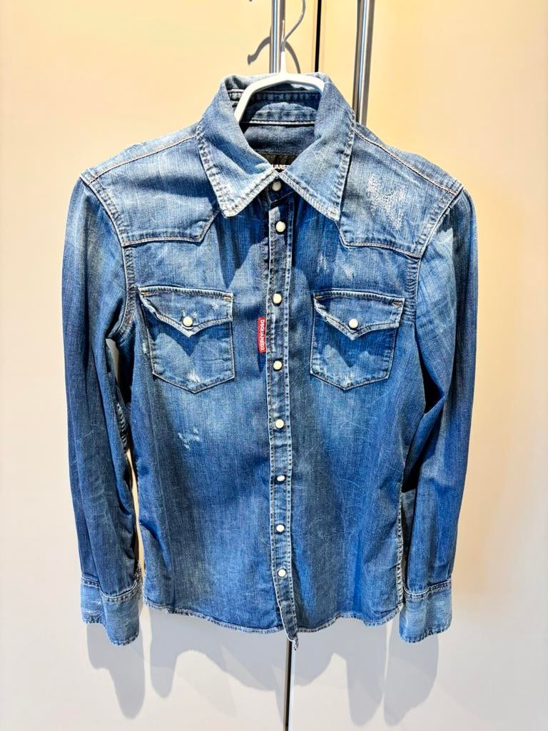Dsquared² distressed denim blouse – it 38 (valt als XS/34), Ophalen of Verzenden, Zo goed als nieuw, Maat 34 (XS) of kleiner, Blauw