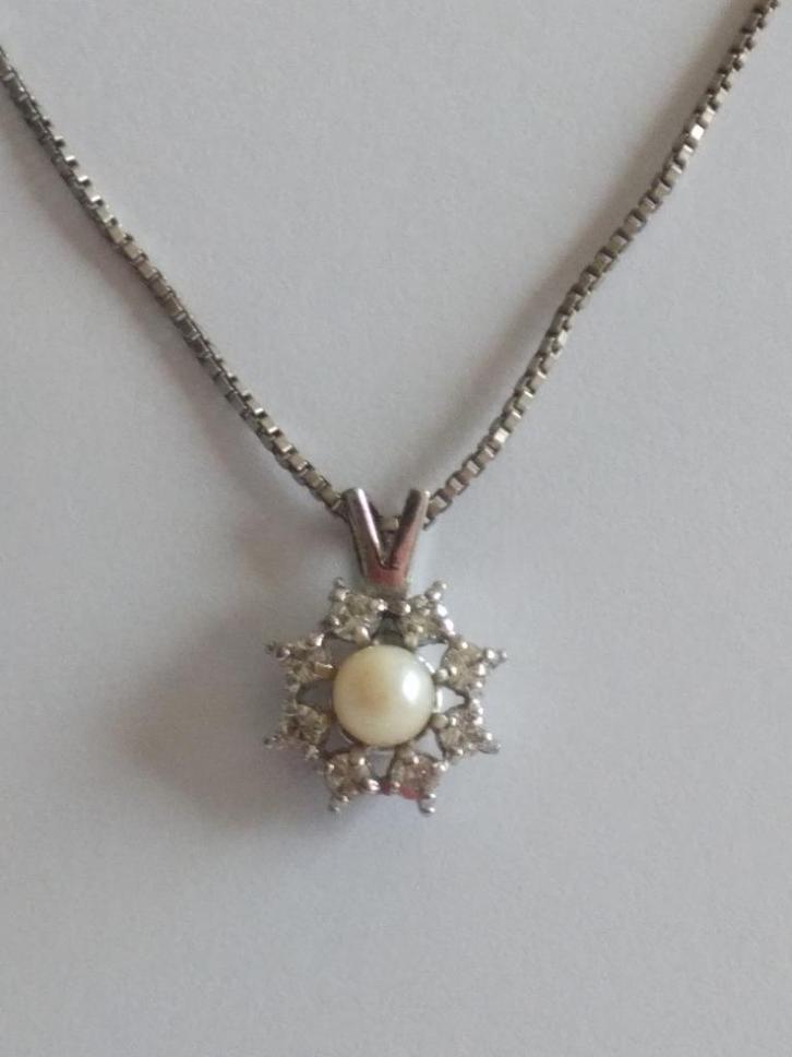 zilveren KETTING+ HANGER  bezet met Parel en witte Saffieren, Sieraden, Tassen en Uiterlijk, Kettinghangers, Gebruikt, Zilver