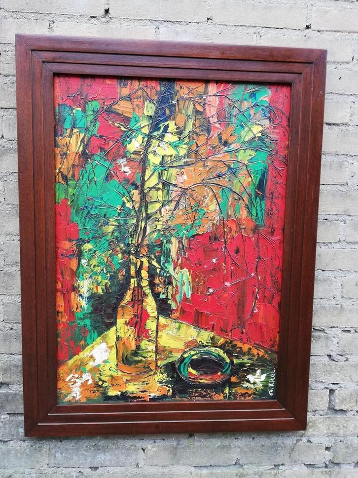 Stilleven. Expressionistisch. Pasteus. Th. Krol. 62/83 cm., Antiek en Kunst, Kunst | Schilderijen | Klassiek, Ophalen