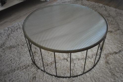 Salontafel, glas, metaal, 35 cm hoog, diameter 80 cm, Huis en Inrichting, Tafels | Salontafels, Gebruikt, Minder dan 50 cm, 50 tot 100 cm