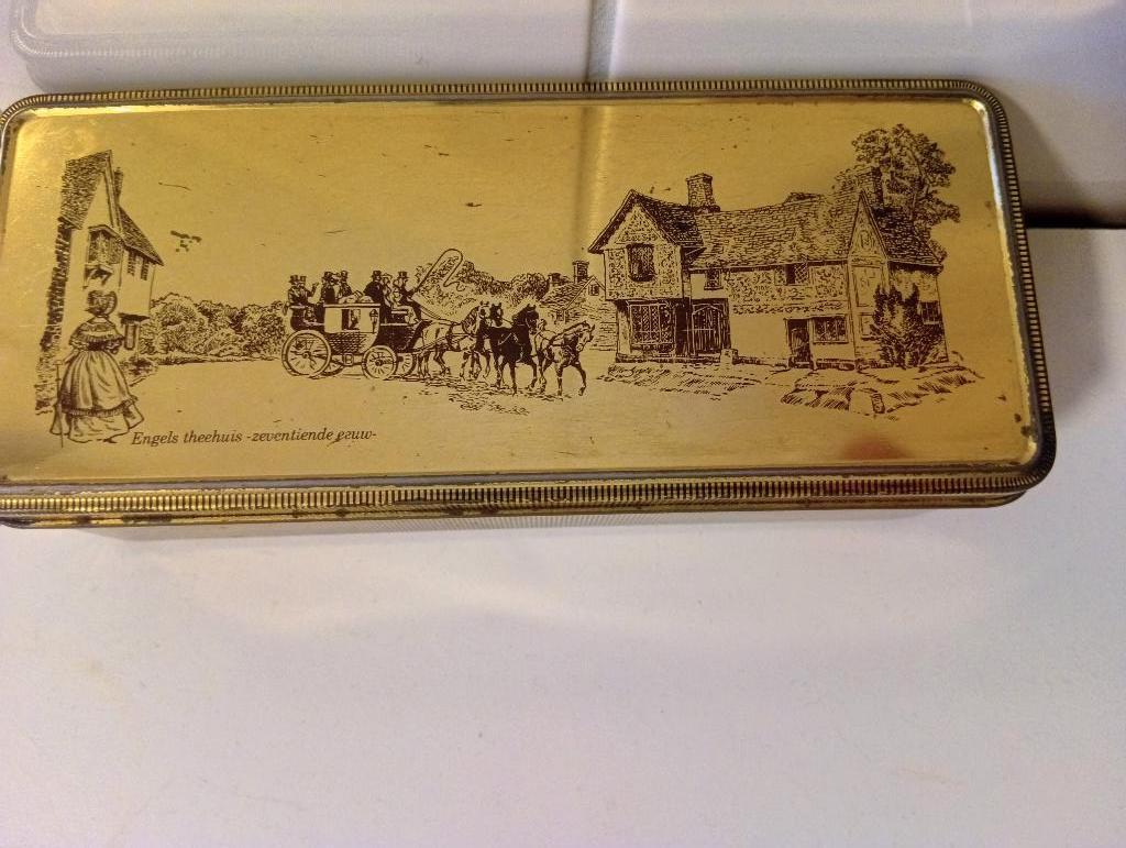 Vintage Goudkleurig Douwe Egberts Theeblikje/Lepeldoosje, Ophalen of Verzenden, Gebruikt, Overige, Douwe Egberts