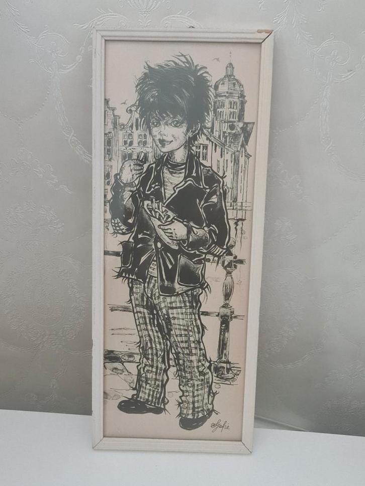 Vintage zwart wit prent Sjakie patatje frietje Amsterdam, Antiek en Kunst, Kunst | Etsen en Gravures, Ophalen of Verzenden