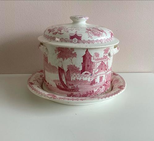Antiek aardewerk voorraadpot/boterpot met deksel en schotel, Antiek en Kunst, Antiek | Servies los, Ophalen of Verzenden