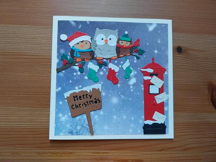 Zelfgemaakte Kerstkaart met Uilen, Hobby en Vrije tijd, Kaarten | Zelfgemaakt, Nieuw, Kerst, Ophalen of Verzenden