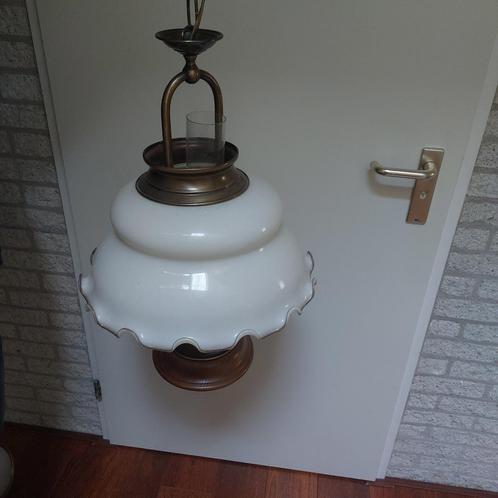 Hanglamp Olielamp Brons / Melkglas / Hout, Huis en Inrichting, Lampen | Hanglampen, Gebruikt, Hout, Ophalen