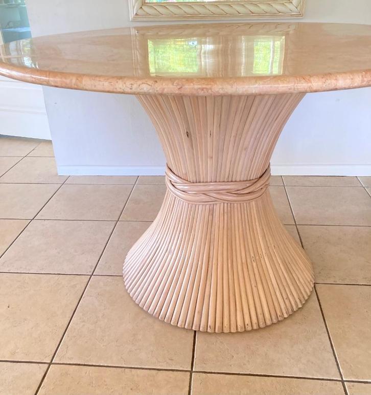 Vintage Boho Rotan bamboe tafel natuurstenen blad McGuire, Huis en Inrichting, Tafels | Eettafels, Gebruikt, 100 tot 150 cm, 100 tot 150 cm