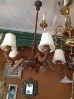 Kroonluchter 5 arms van hout met plissé kapjes, Huis en Inrichting, Lampen | Kroonluchters, Ophalen, Gebruikt, 60er jaren, N.v.t.