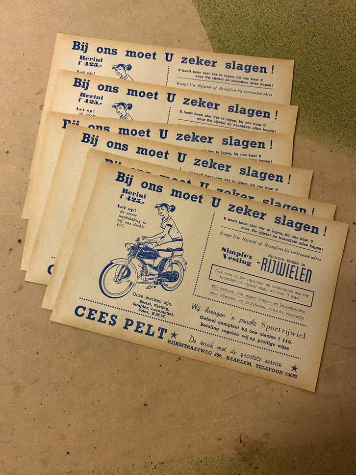 Oude Berini Rijwielen Bromfiets Reclame CEES PELT, Antiek en Kunst, Antiek | Overige Antiek, Ophalen of Verzenden