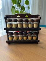 Vintage houten kruidenrek met 12 originele glazen  potjes, Antiek en Kunst, Ophalen of Verzenden