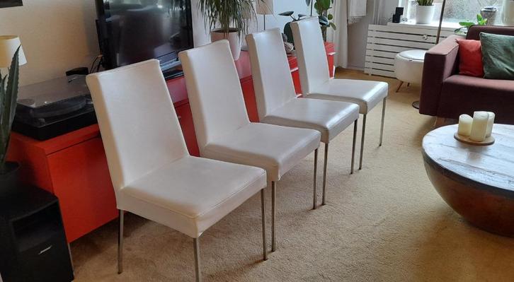 6 leren eetstoelen wit, Huis en Inrichting, Stoelen, Gebruikt, Vijf, Zes of meer stoelen, Leer, Metaal, Wit, Ophalen