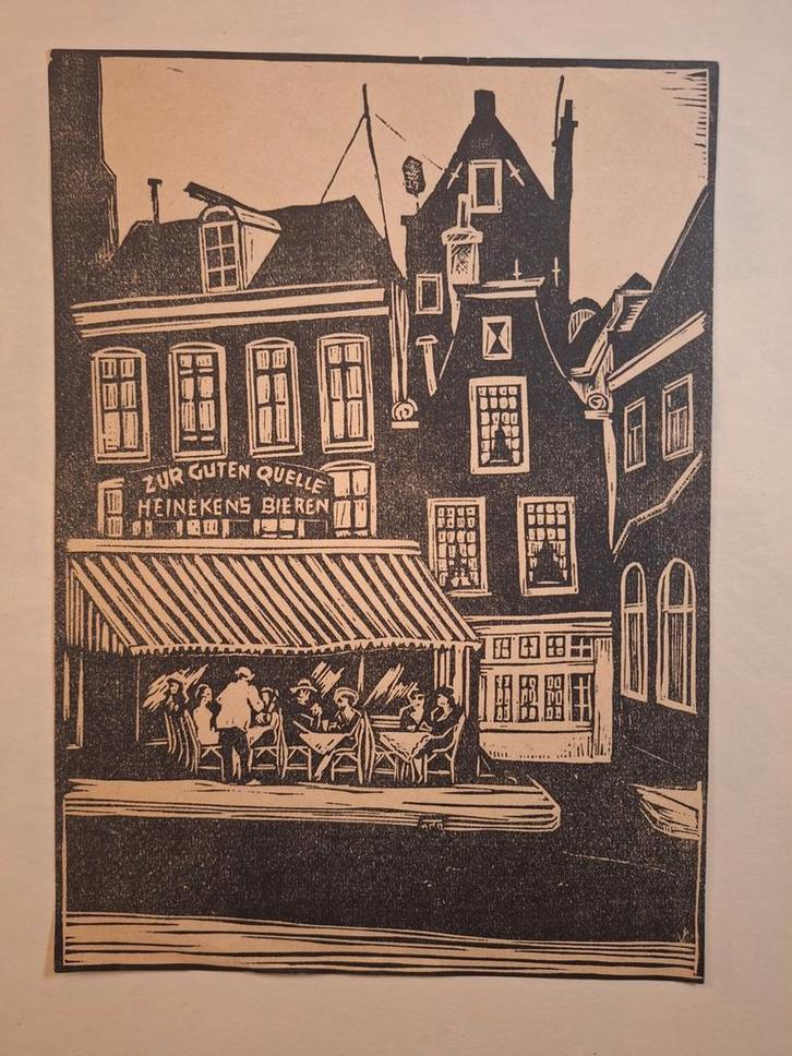 Houtsnede Amsterdam - Heineken, Antiek en Kunst, Kunst | Etsen en Gravures, Ophalen of Verzenden