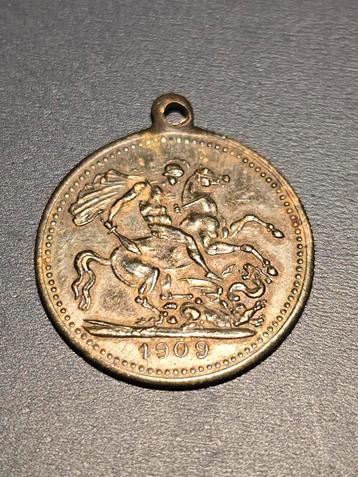 Antieke koperen medaillehanger, medaillon, Edward VII 1909 beschikbaar voor biedingen