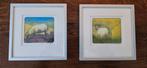 2 Schilderijtjes - aquarellen schapen 16x16, Antiek en Kunst, Ophalen of Verzenden