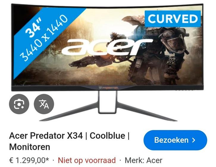 Acer predator x34 34 inch QHD LED beeldscherm gaming oa 21:9, Computers en Software, Monitoren, Zo goed als nieuw, 101 t/m 150 Hz