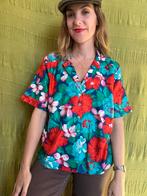 Vintage blouse, maat 40/42 - L/XL - turquoise & rode bloemen, Maat 38/40 (M), Ophalen of Verzenden, Vintage, Gedragen