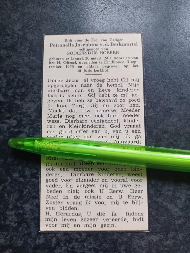 Bidprentje Liessel Petronella vd Berkmortel 1904 1956, Ophalen, Bidprentje