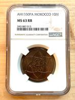 Marokko 10 Mazunas AH1330 (1912) in NGC slab MS63, Ophalen of Verzenden, Overige landen