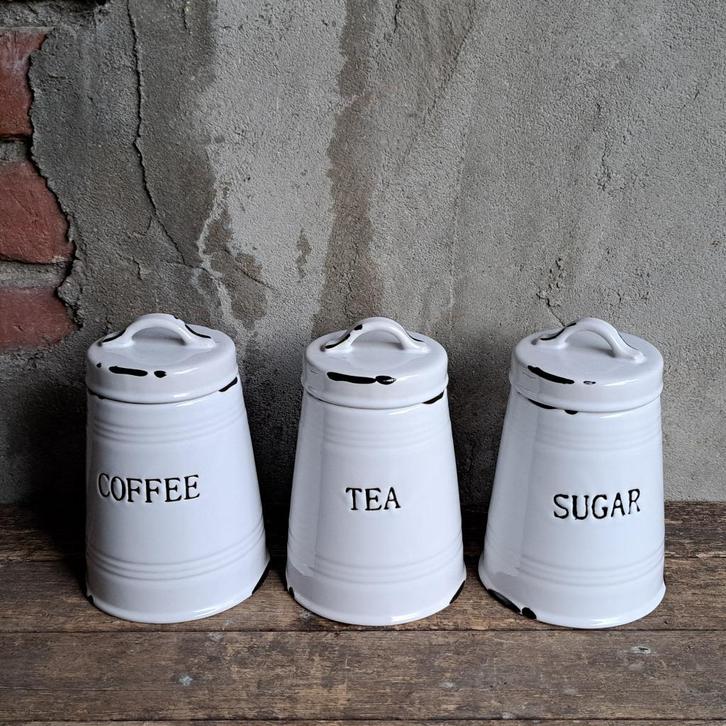 3x Voorraadpot pot Coffee Tea Sugar 'emaille-look' *Etage3*, Huis en Inrichting, Woonaccessoires | Overige, Zo goed als nieuw