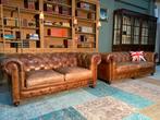 Chesterfield 3+2 zit bankstel vintage cognac GRATIS BEZORGD, Ophalen of Verzenden, Zo goed als nieuw, 75 tot 100 cm, Leer