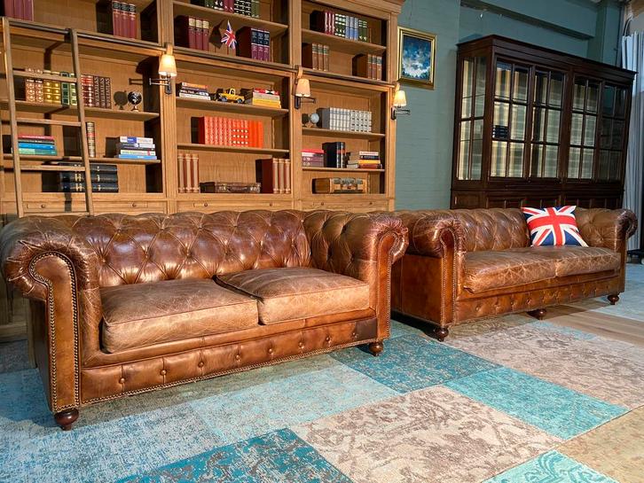 Chesterfield 3+2 zit bankstel vintage cognac GRATIS BEZORGD, Huis en Inrichting, Banken | Bankstellen, Zo goed als nieuw, 75 tot 100 cm