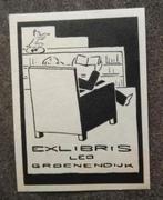 Exlibris Leo Groenendijk (lezende man, stoel, mythologie), Ophalen of Verzenden