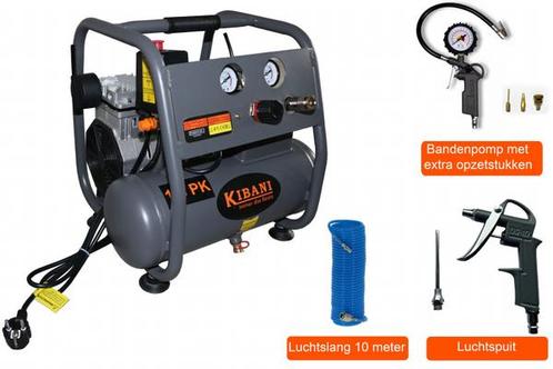 Kibani stille compressor 6 Liter - SET, Doe-het-zelf en Verbouw, Compressors, Nieuw, Minder dan 6 bar, Minder dan 25 liter, Mobiel